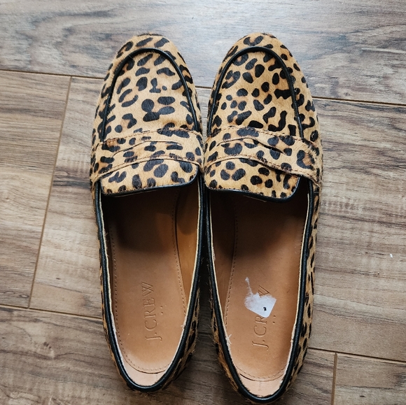 J. Crew Tan & Black Leopard Print Calf Hair Slip On Loafers - Picture 2 of 4